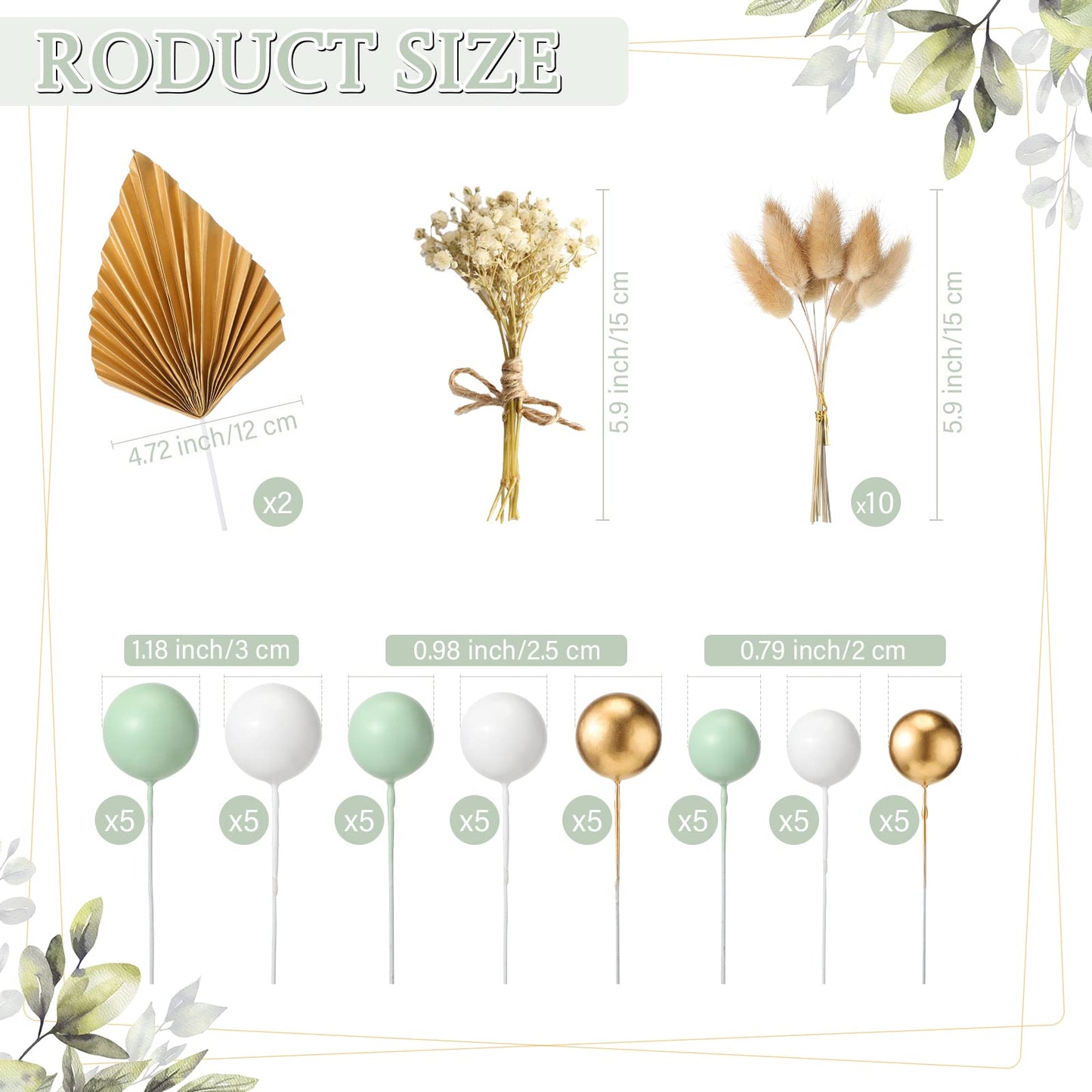 53 Pcs Boho Cake Topper Mini Balls Cake Toppers Foam Balloon Cake Toppers Palm Leaves Artificial Dried Flower Cake Toppers For B