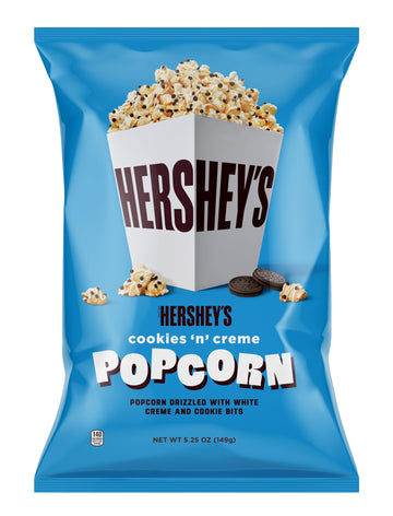 Hersheys Cookies N Crme, 5.25oz Grocery Sized Bag, Popcorn drizzled in white creme and cookie bits, Ready to Eat, Savory Snack,