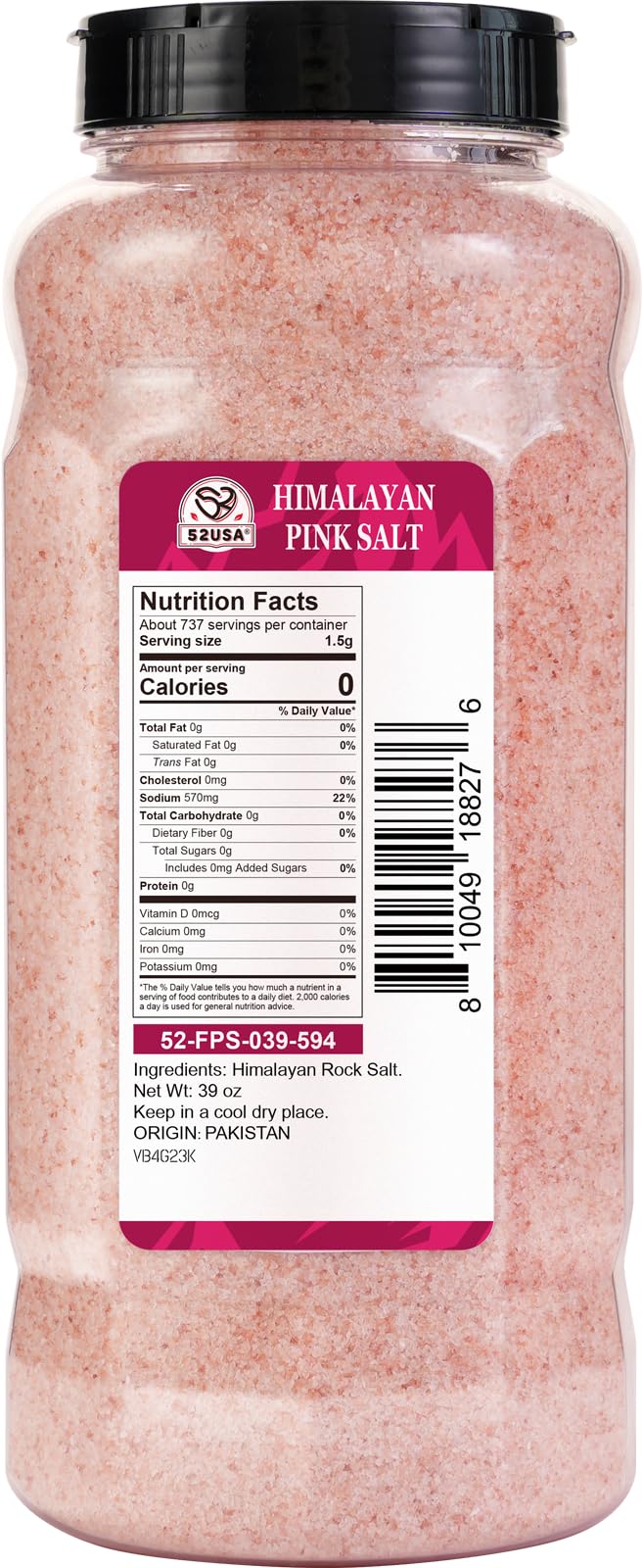 52USA Himalayan Pink Salt, Fine Grain, Kosher, 39oz (2.4 LB)