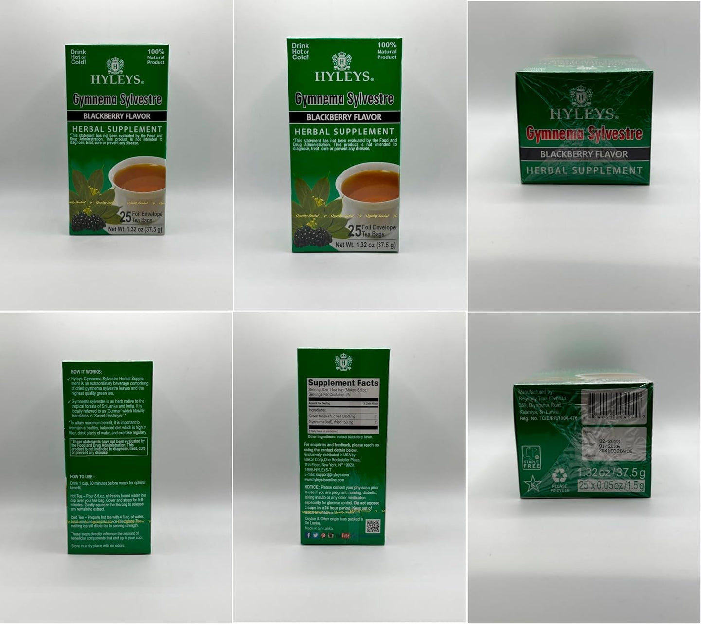 Hyleys Gymnema Sylvestre with Green Tea - Blackberry Flavor - 25 Tea Bags (6 Pack - 150 Tea Bags Total)