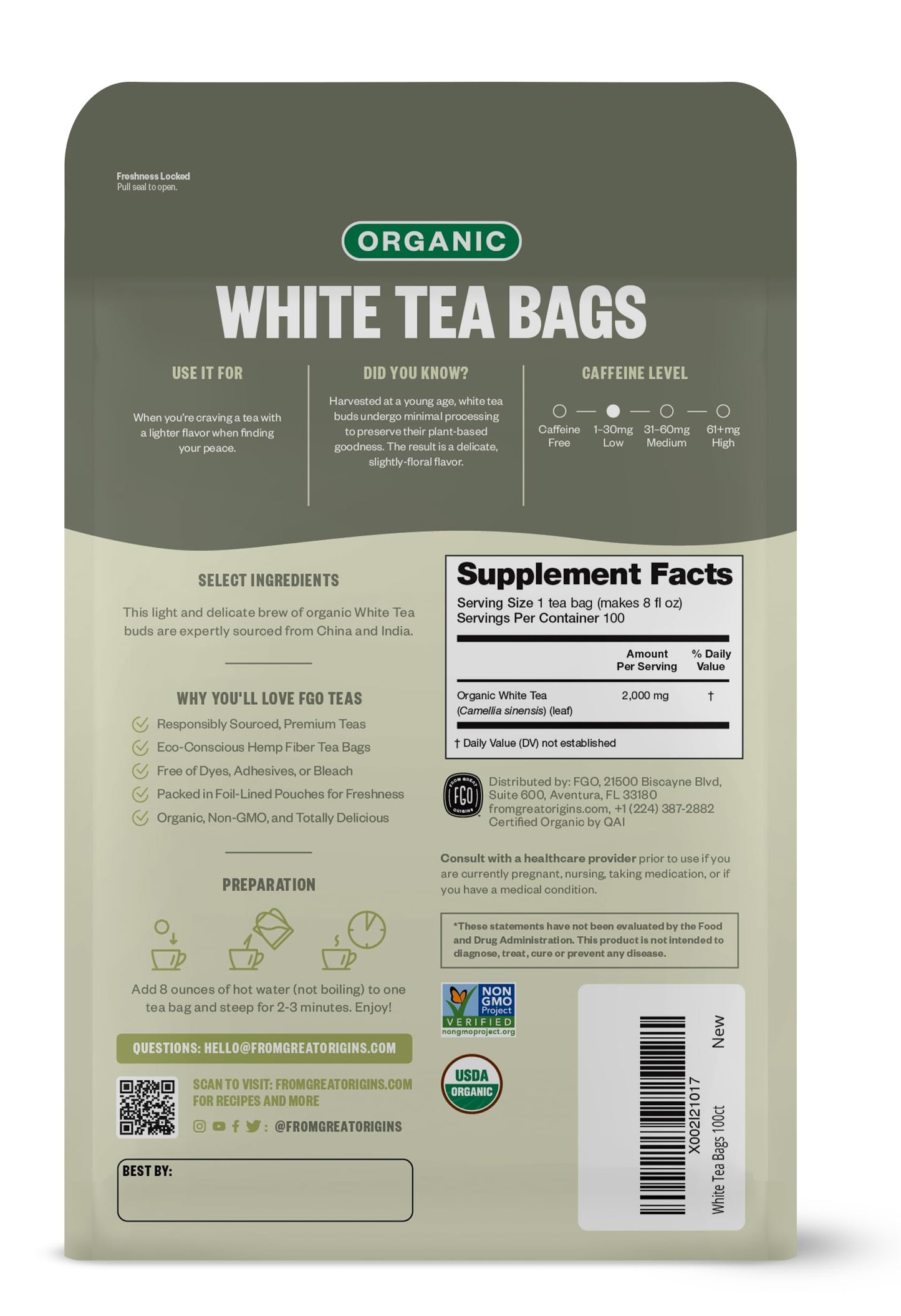 Fgo Organic White Tea, Eco-Conscious Tea Bags, 100 Count
