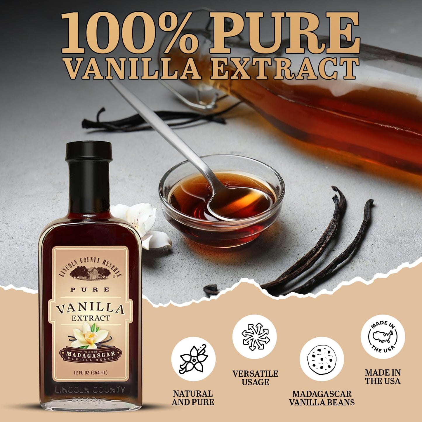 Lincoln County Reserve Pure Vanilla Extract, Sugar Free, Gluten Free, 12oz Glass Bottle