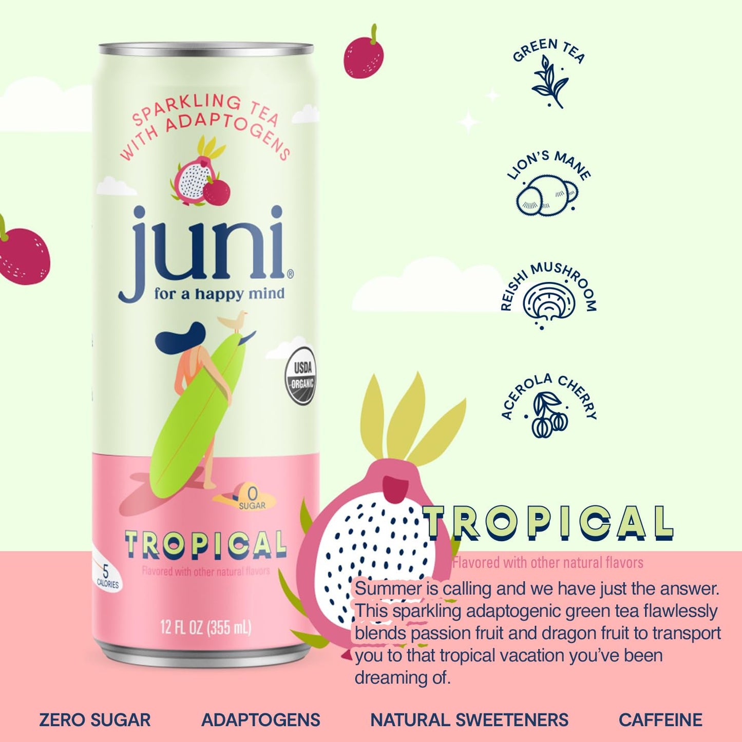 JUNI Sparkling Adaptogen Drink, Tropical, 12 Fl Oz (Pack of 12), Zero Sugar, Organic, Non-  ic