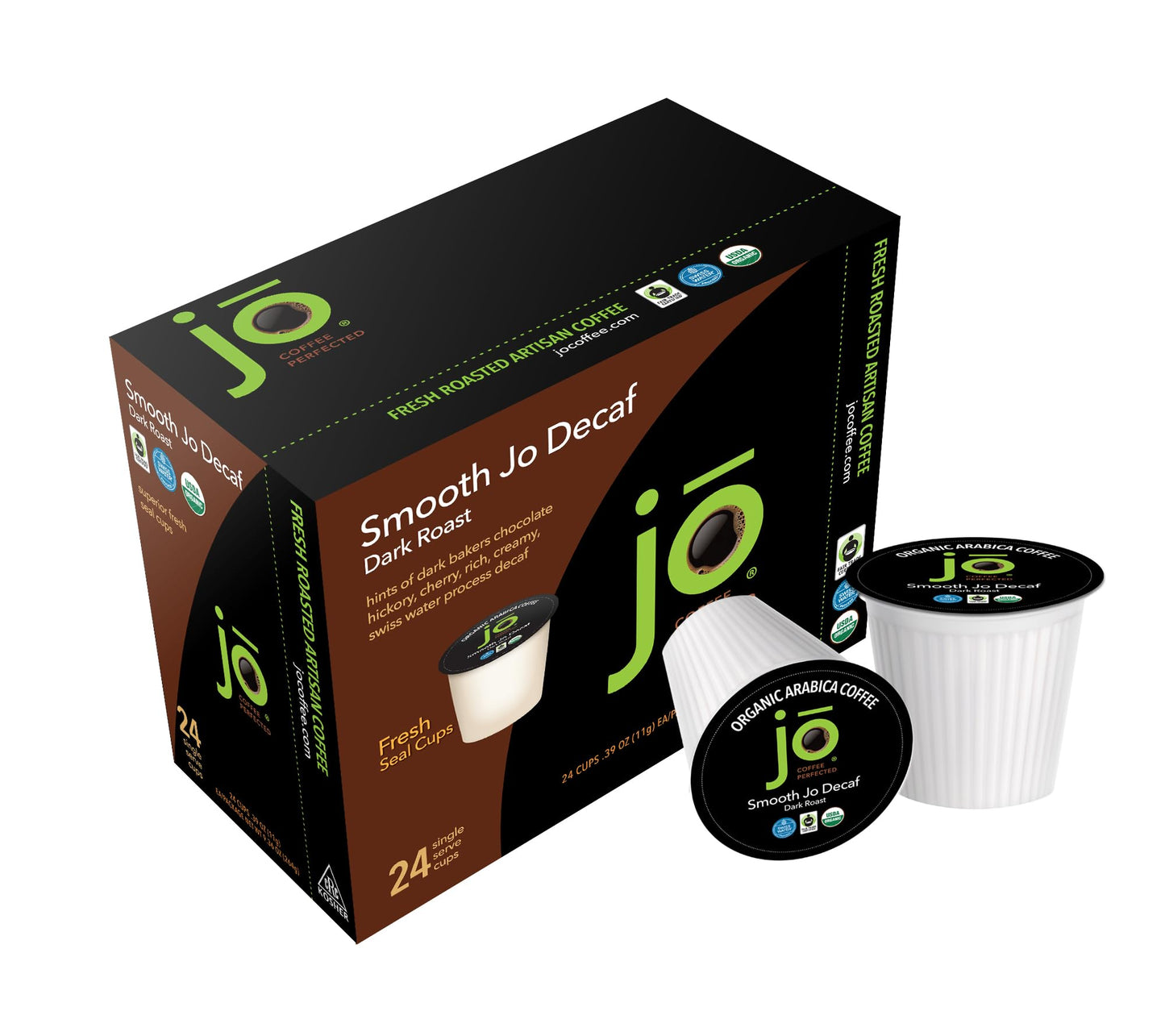 Jo Coffee SMOOTH JO DECAF Organic Dark French Roast K-Cups, 24 Count (Pack of 4), Fair Trade, Non-GMO, Swiss Water Process