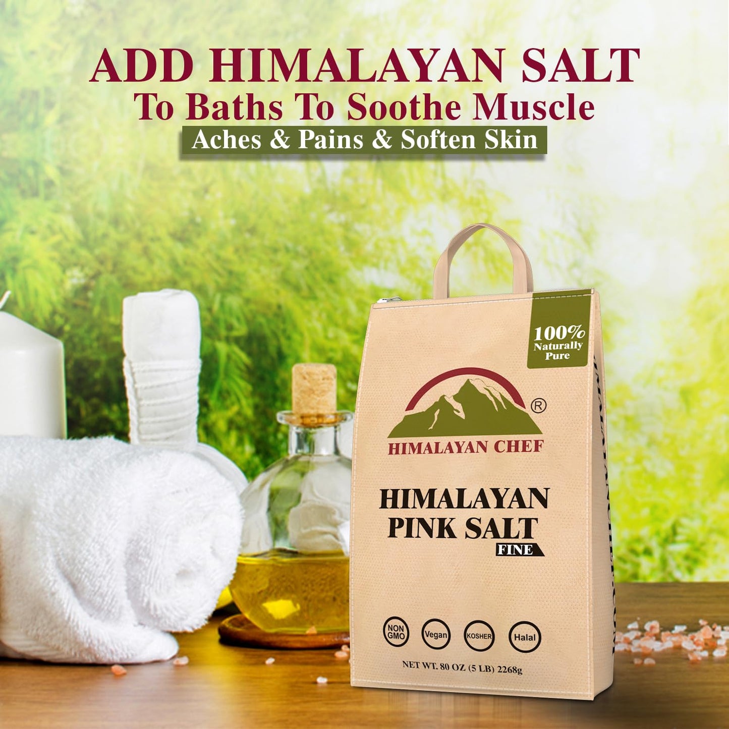 Himalayan Chef Himalayan Pink Salt - 5 lbs Fine Grain Bulk Bag - Kosher and Vegan, 100% Natural and Pure Gourmet Crystal - Conta