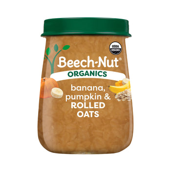 Beech-Nut Organic Baby Food Jars, Organic Banana Pumpkin & Rolled Oats Puree, Stage 3 Baby Food For Babies 8 Months And Up, Non-Gmo, 4Oz Glass Jars, 10Ct