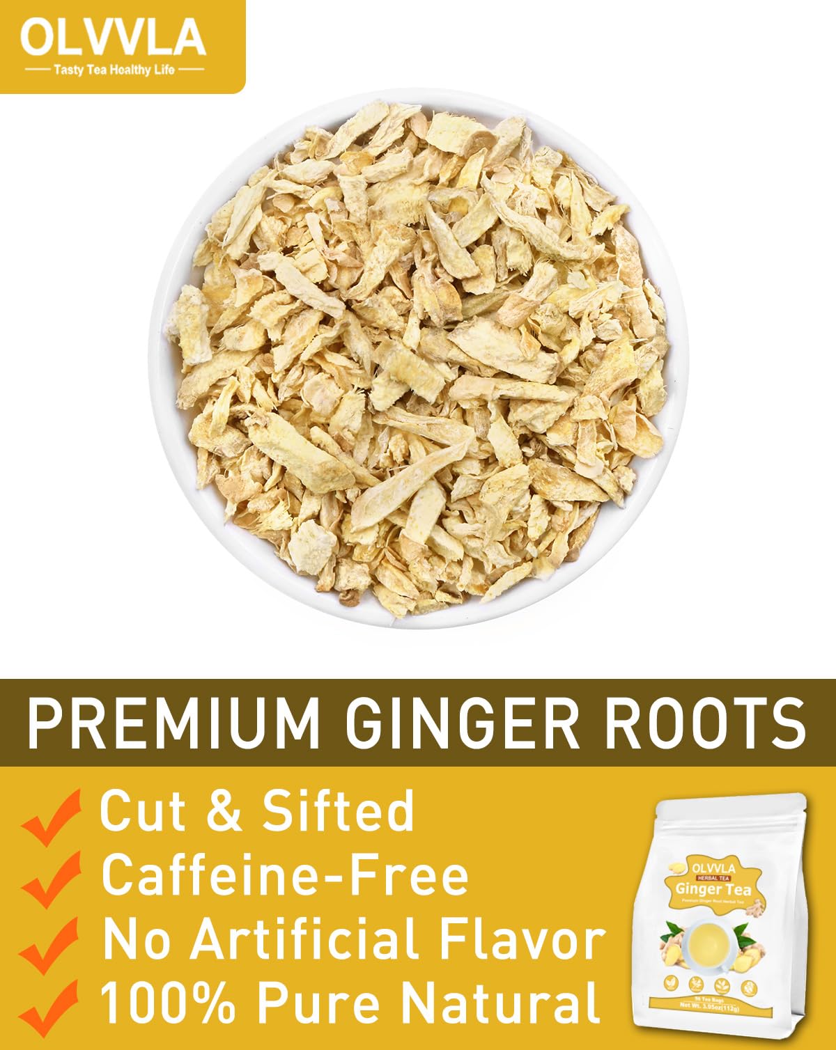 Olvvla Ginger Tea Bags - 100% Natural Herbal Tea - Non-GMO - Caffeine-Free - 56 Count
