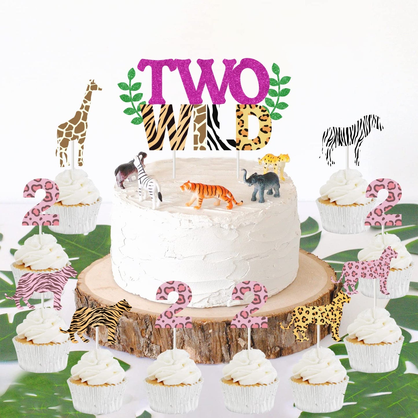 Two Wild Birthday Decorations For Girl - Two Wild Cake Topper, Animal Print Cupcake Toppers, 31 Pcs Jungle Safari Animal Cake De