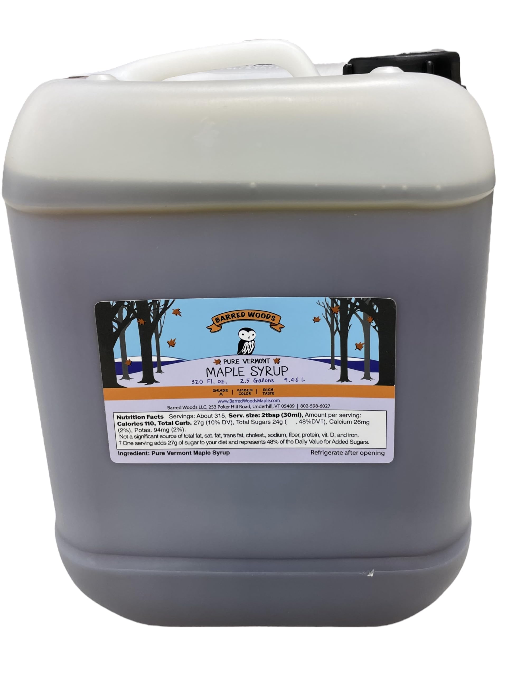 BARRED WOODS Bulk Pure Vermont Maple Syrup - 2.5 Gallon Jug - Grade A Dark Robust - Amber Color - 320 Fl Oz