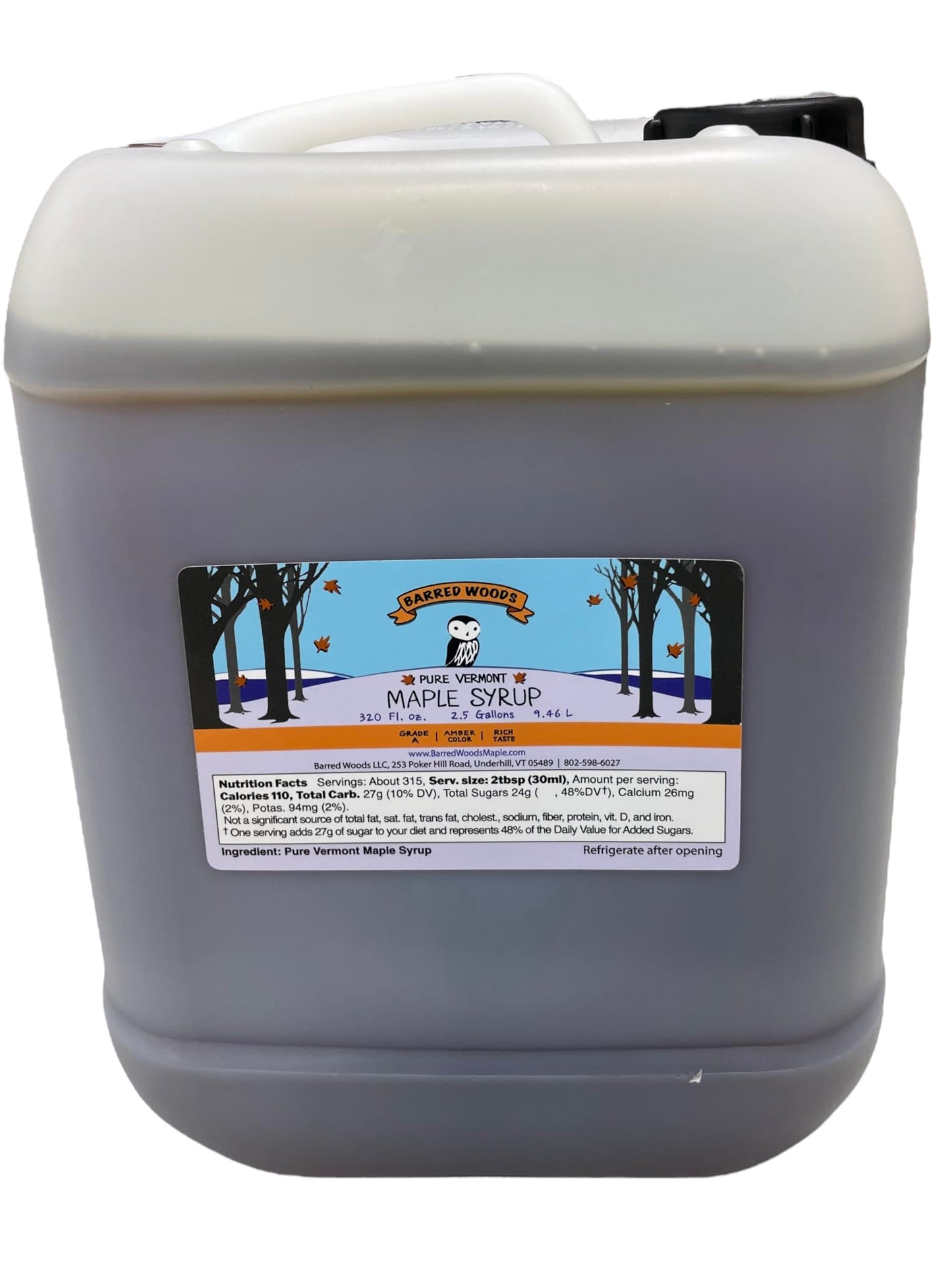 BARRED WOODS Bulk Pure Vermont Maple Syrup - Grade A Amber Rich - 2.5 Gallon Jug - 320 Fl Oz