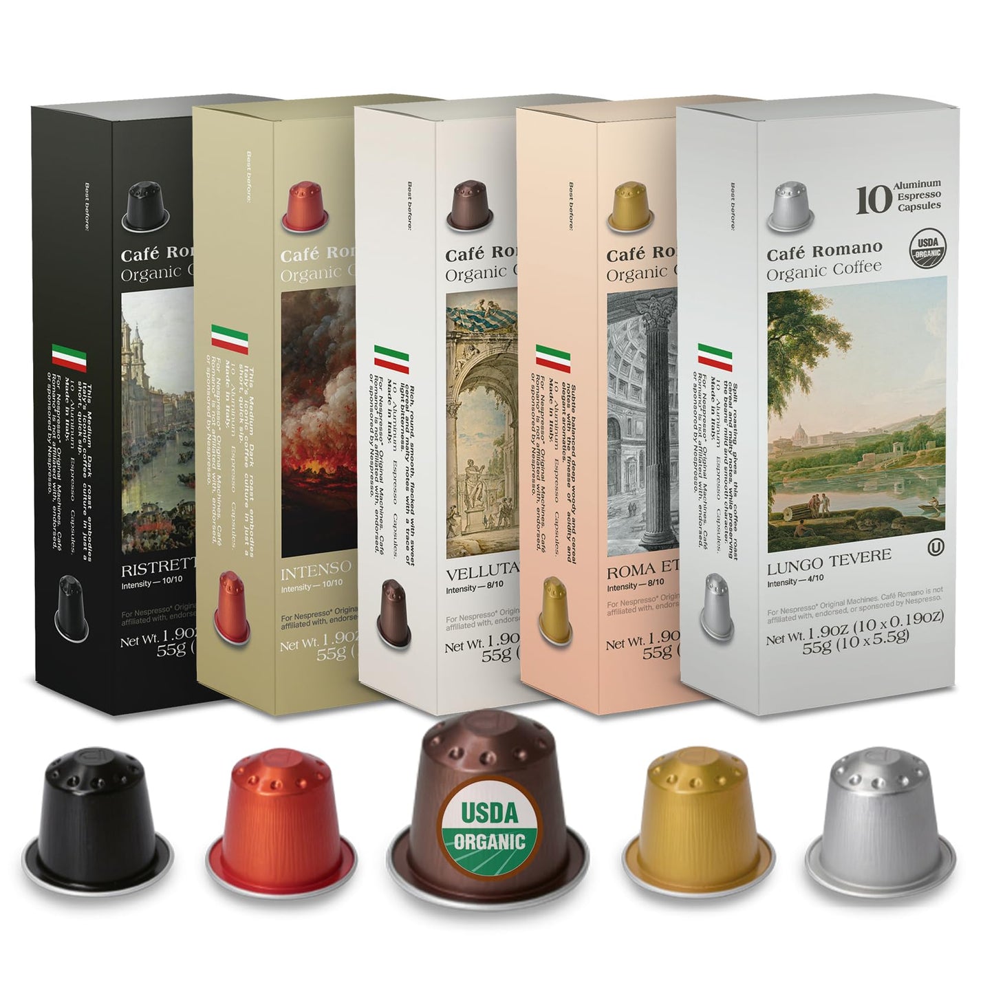 Café Romano Organic Espresso Pods for Nespresso Original Machine, Variety Pack, 100 Count