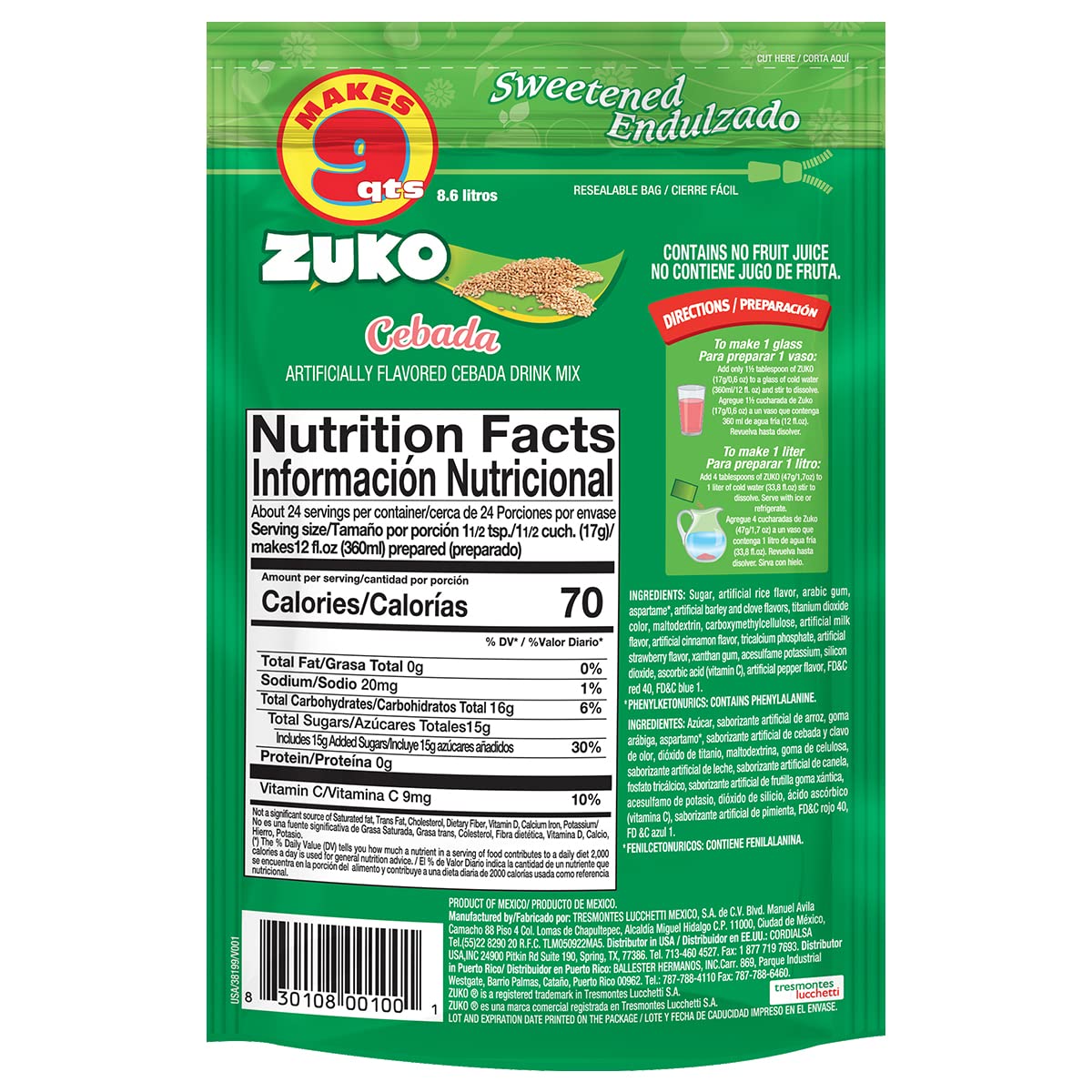 Zuko Cebada Instant Powder Drink | Family Pack | No Sugar Needed | Vitamin C | 14.1 Ounce (Pack of 6)