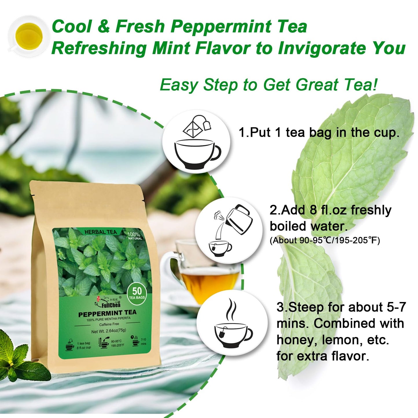 FullChea Peppermint Tea Bags - 50 Count - Premium Non-GMO Caffeine-free - Refreshing & Minty Taste