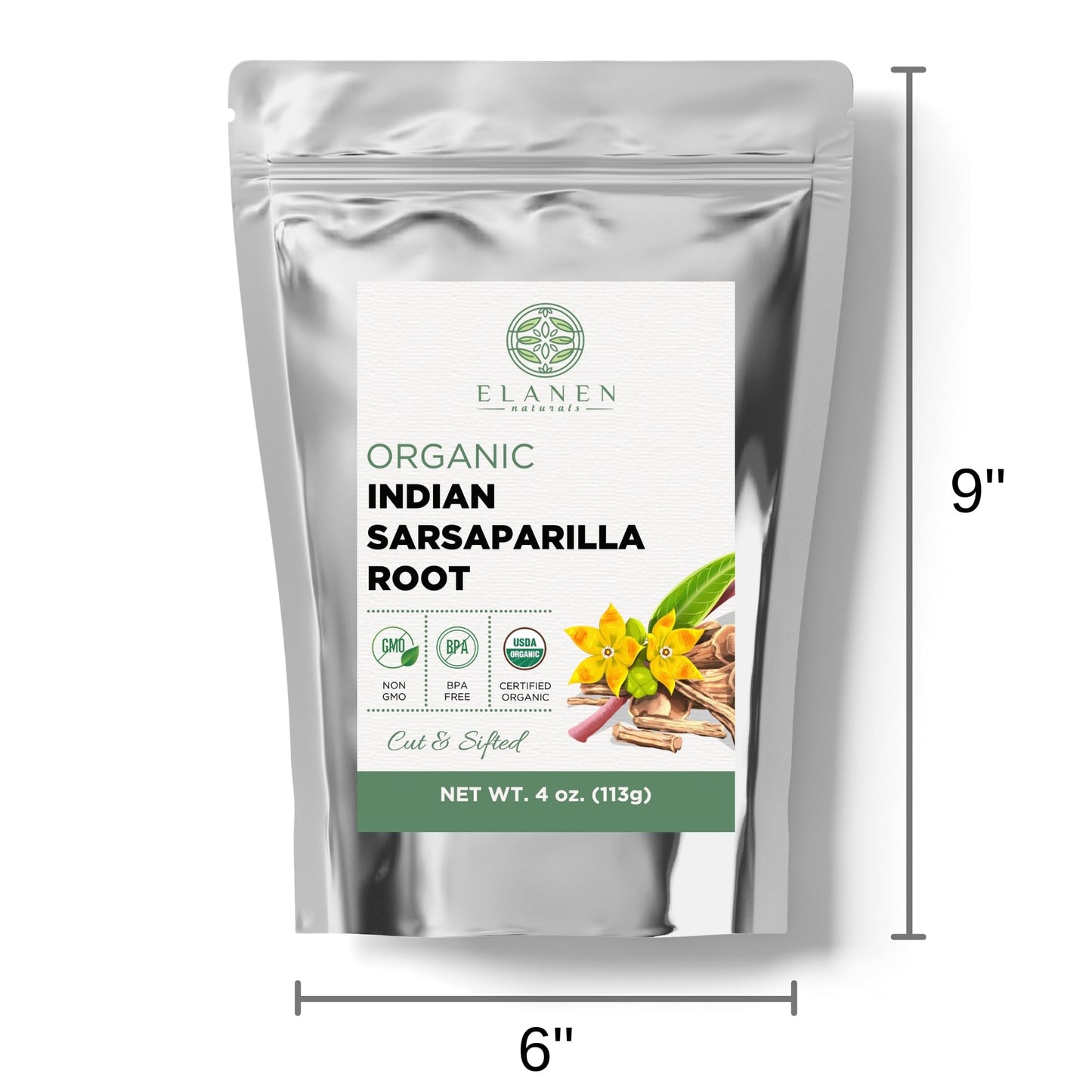 Elanen Naturals Organic Sarsaparilla Root Tea, Cut & Sifted, USDA Certified Organic, 4 oz. (113g)