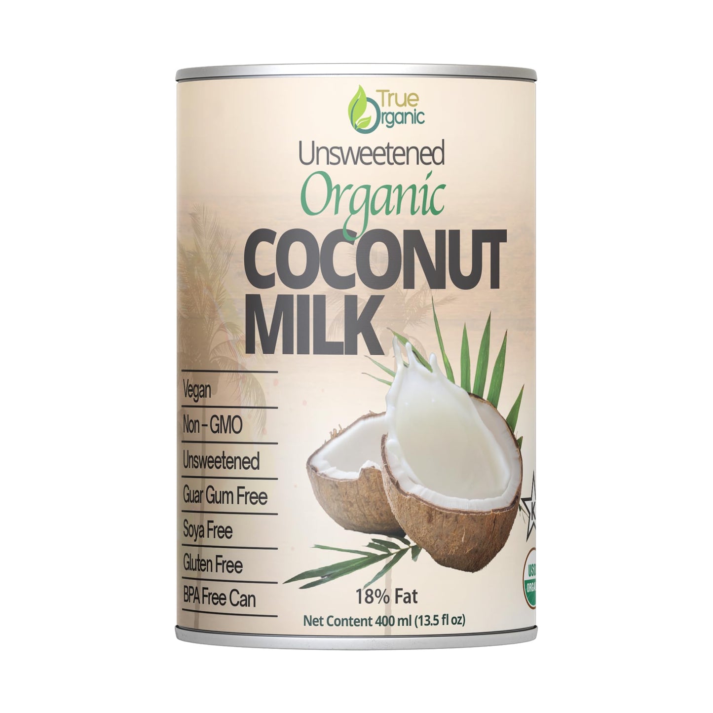 True Organic Unsweetened Coconut Milk 13.5 Fl oz - No Guar Gum  Gluten-Free  Vegan and Kosher - 18% Coconut Milk Fat (12-Pack)