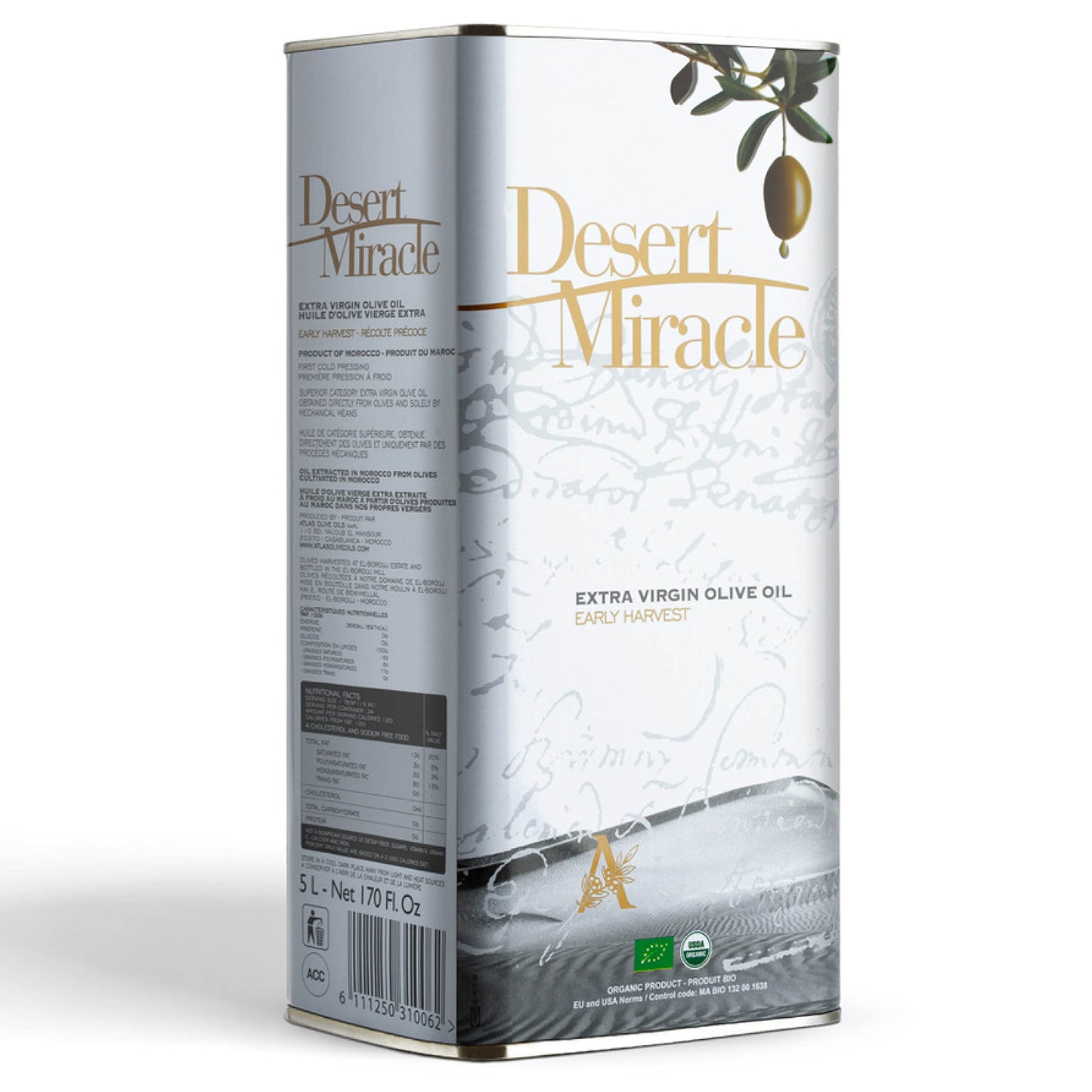 DESERT  Organic Extra Virgin Olive Oil, First Cold Pressing, 5 Liter Can, Kosher for Passover, Sweet with Pepper Finish