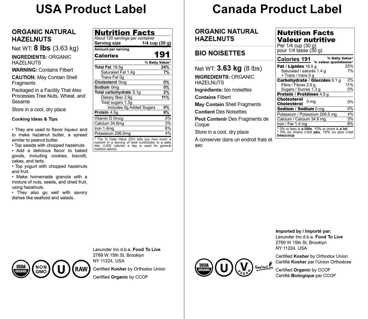 Food to Live - Organic Hazelnuts, 8 Pounds Non-GMO, Raw Filberts, Whole Nuts, Shelled, Unsalted, Kosher, Vegan, Bulk. Crunchy, W