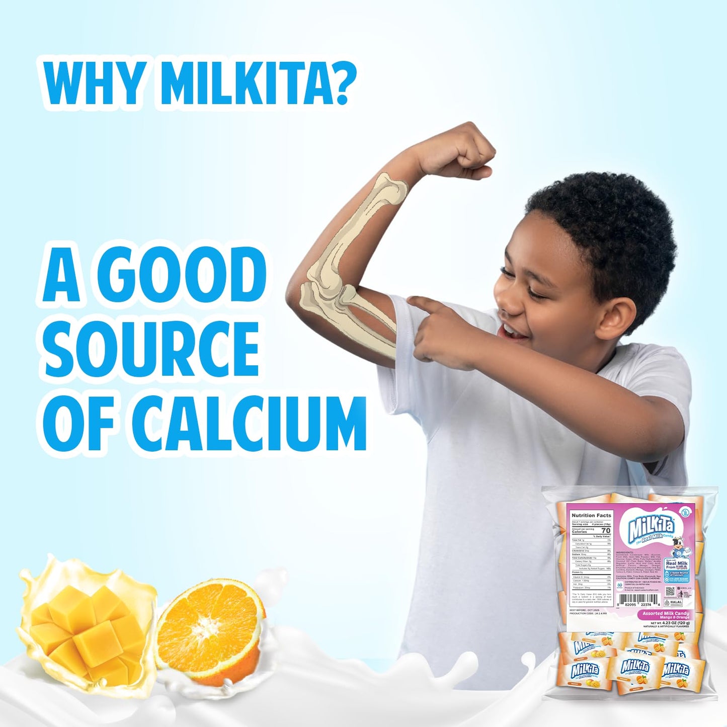 Milkita Creamy Shake Candy Bag, Gluten Free Chewy Candies With Calcium & Real Milk, Zero Trans Fat, Low-Sugar, Juicy Flavors (Mango And Orange)