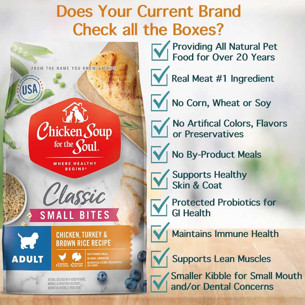 Chicken Soup For The Soul All Natural Enhanced Small Bites Mature-Themed Dry Dog Food, Real Meat First Ingredient, No By-Products, Supports Gut & Immune Health, Chicken, Turkey & Brown Rice, 28Lb