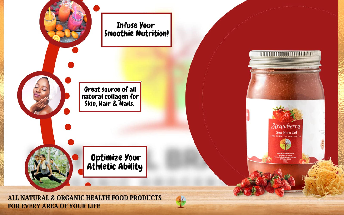 The Natural Branches Organic Strawberry Sea Moss Gel with Elderberry - 16 oz - USDA Organic - Wildcrafted from Saint Lucia