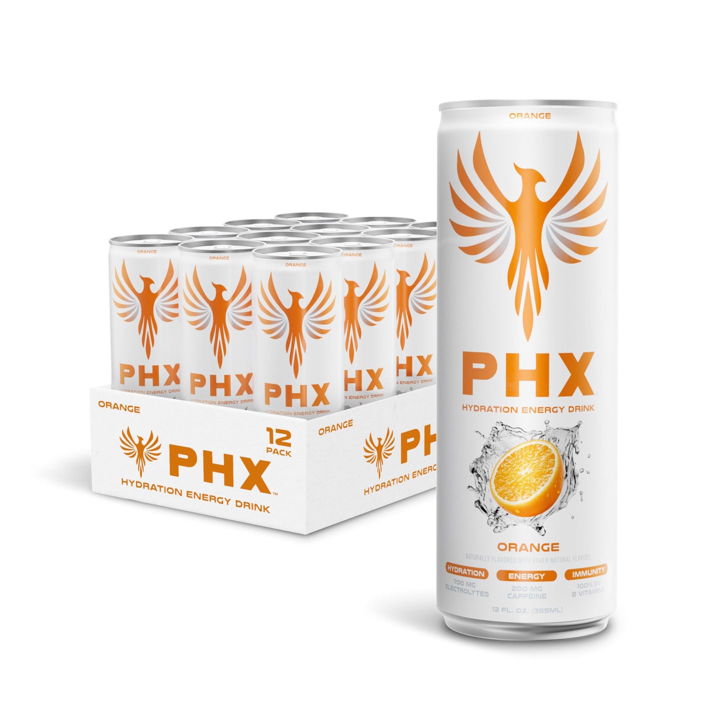 PHX Hydration Energy Drink - 700mg Electrolytes  200mg Natural Green Tea Caffeine  100% Daily Value 8 Essential Vitamins - 12 oz Cans (12 Pack) (12 Pack  Orange)
