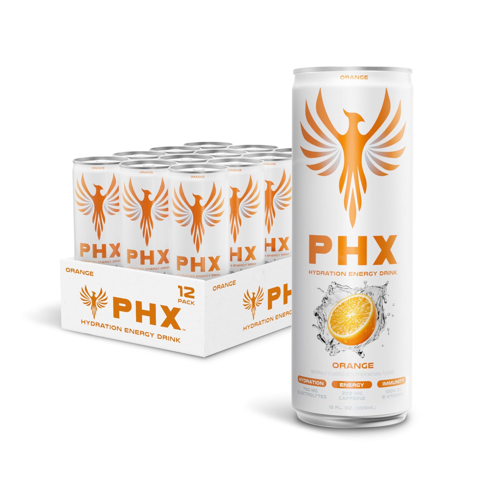 PHX Hydration Energy Drink - 700mg Electrolytes  200mg Natural Green Tea Caffeine  100% Daily Value 8 Essential Vitamins - 12 oz Cans (12 Pack) (12 Pack  Orange)