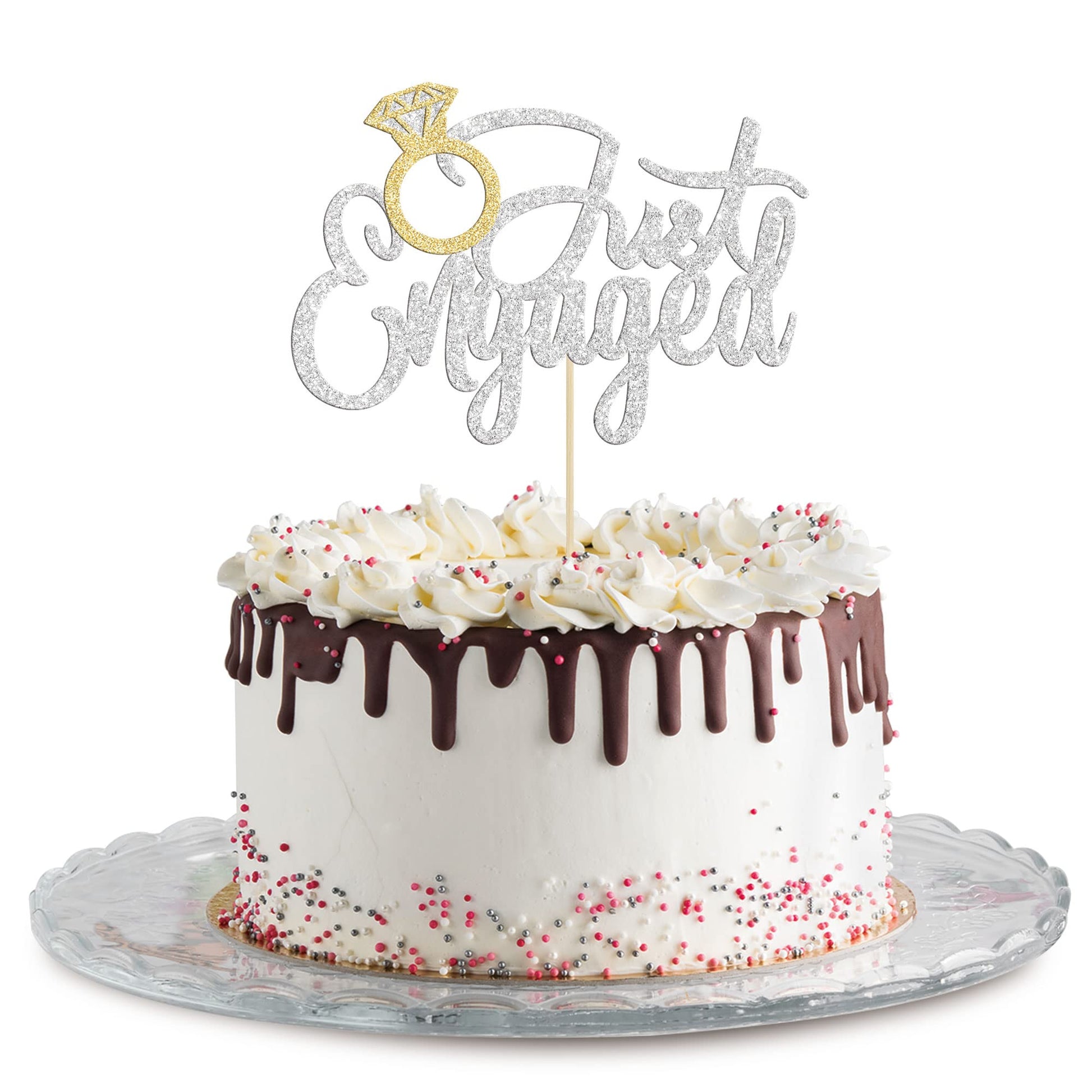 Gyufise Just Engaged Cake Topper Glitter Silver Small Wedding Cupcake Decoration UKZN0552-SL