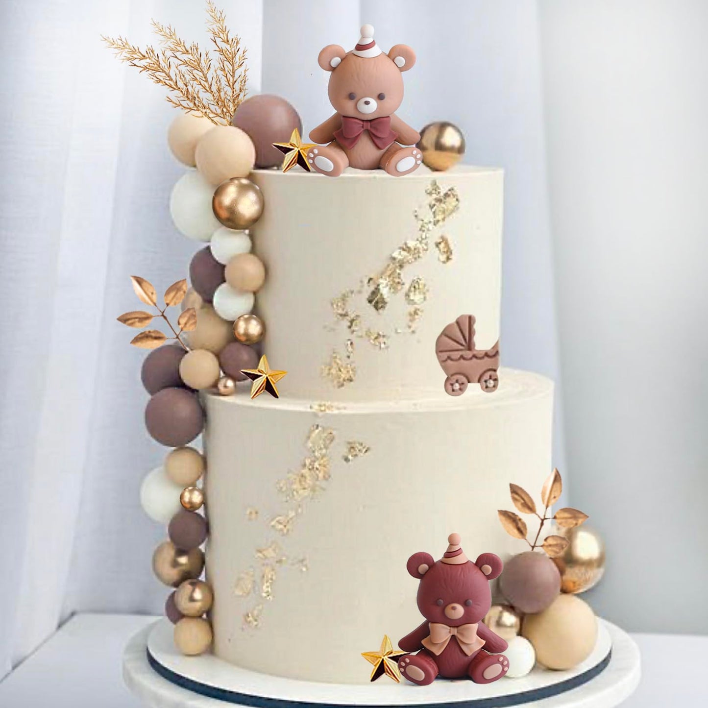 42Pcs Bear Balls Cake Toppers Mini Teddy Bear Cake Decorations Boho Cake Toppers Pearl Ball Cake Toppers For Boy Girl Baby Showe