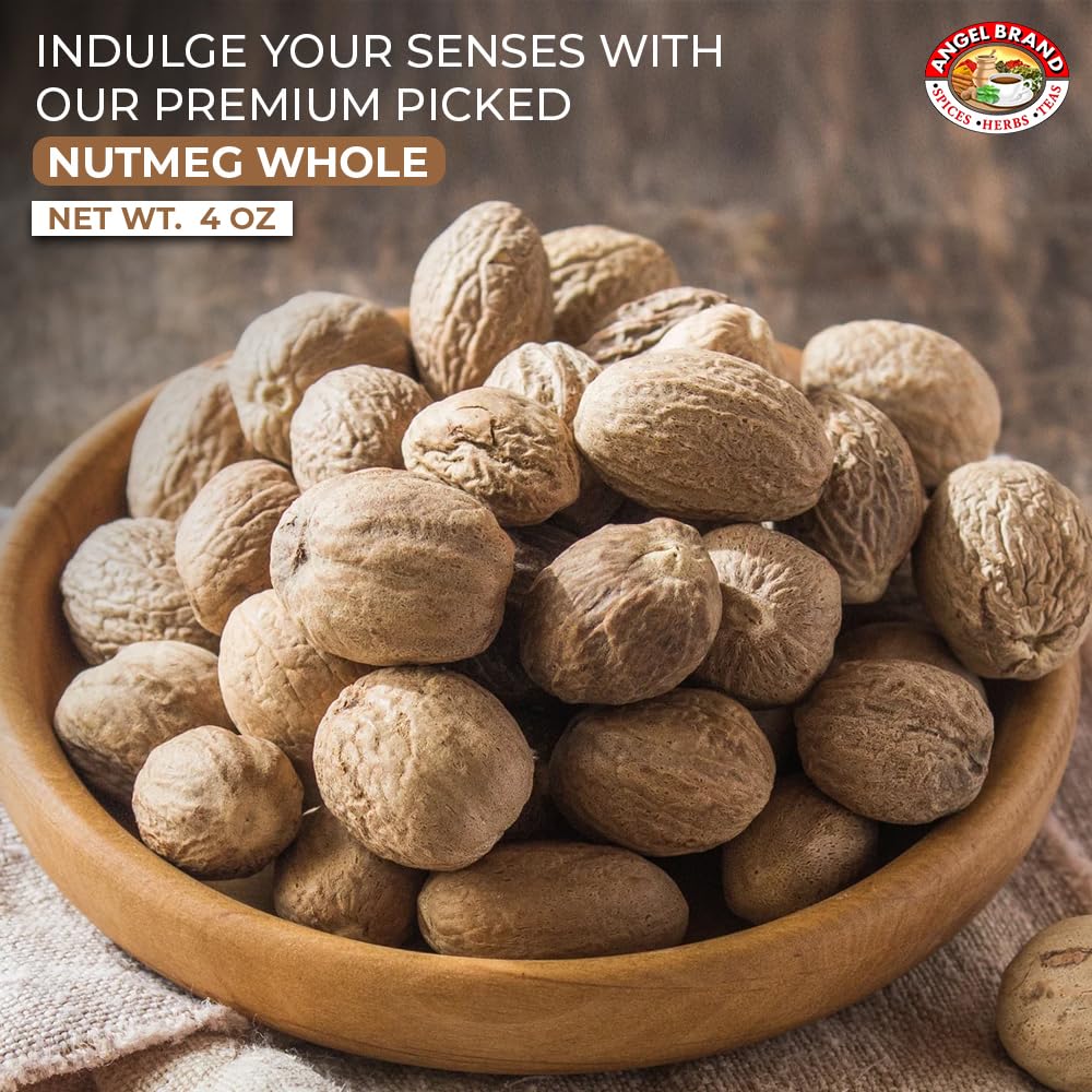 Angel Brand Whole Nutmeg Spice – Premium Nutmeg for Baking, Cooking, and Desserts, 4 oz Pouch
