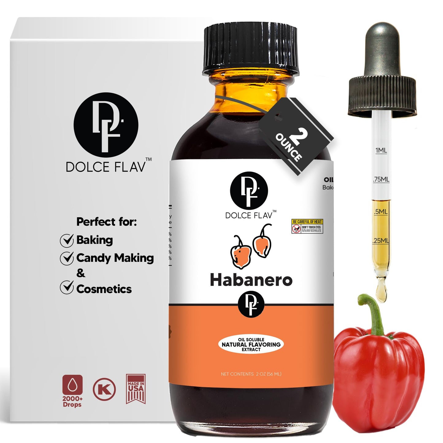 Dolce Foglia Habanero Extract Oil-Soluble Flavoring 2 Oz. Ideal for Candy Making, Baking, Lip Balm, and Ice Cream