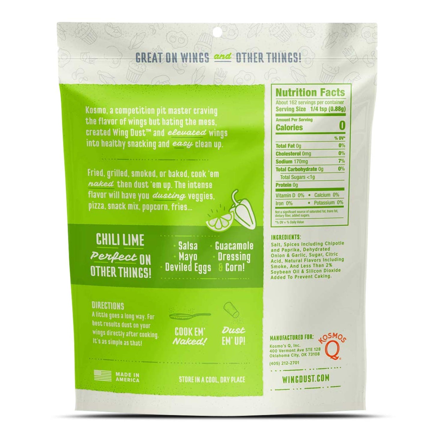 Kosmos Q Chili Lime Wing Dust - Dry BBQ Rub for Wings, Popcorn & Fish - 5 Oz Bag