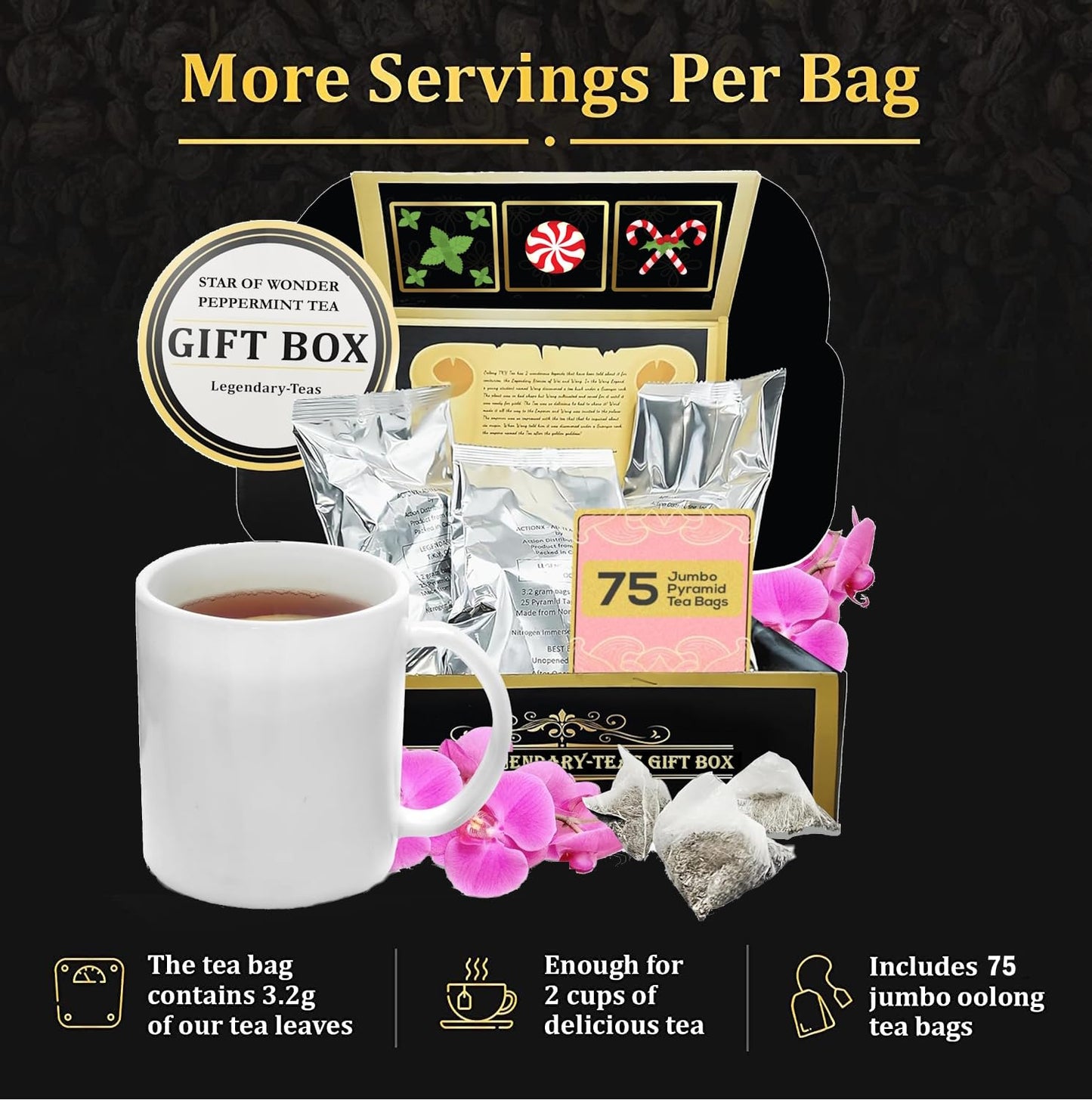 Legendary-Teas Star Of Wonder Peppermint Pyramid Tea Bags 75 Pack Sealed In Foil Pouches (Pure Peppermint Tea, 75 Pack Box)