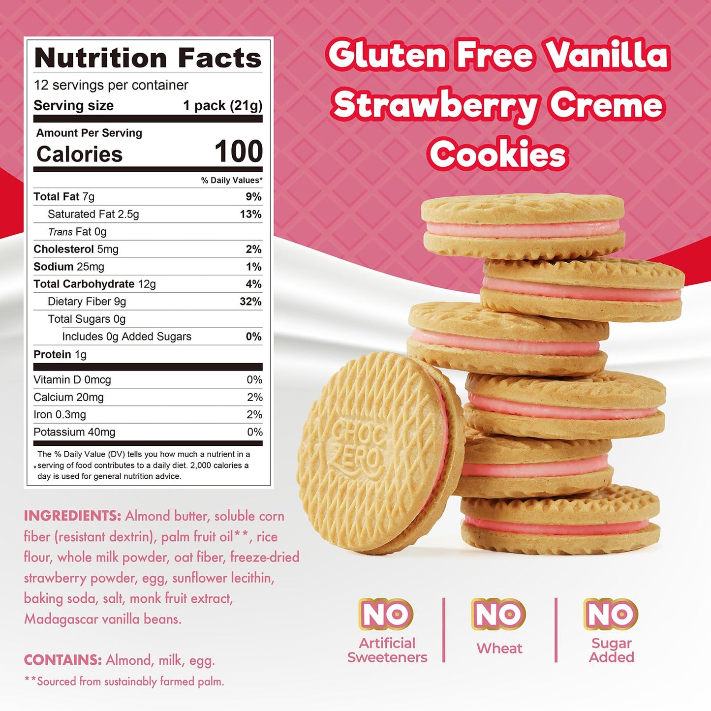 Choczero Strawberry Creme Dunkies, Gluten Free, Low Sugar, Keto Strawberry Vanilla Sandwich Cookies, 9 Oz
