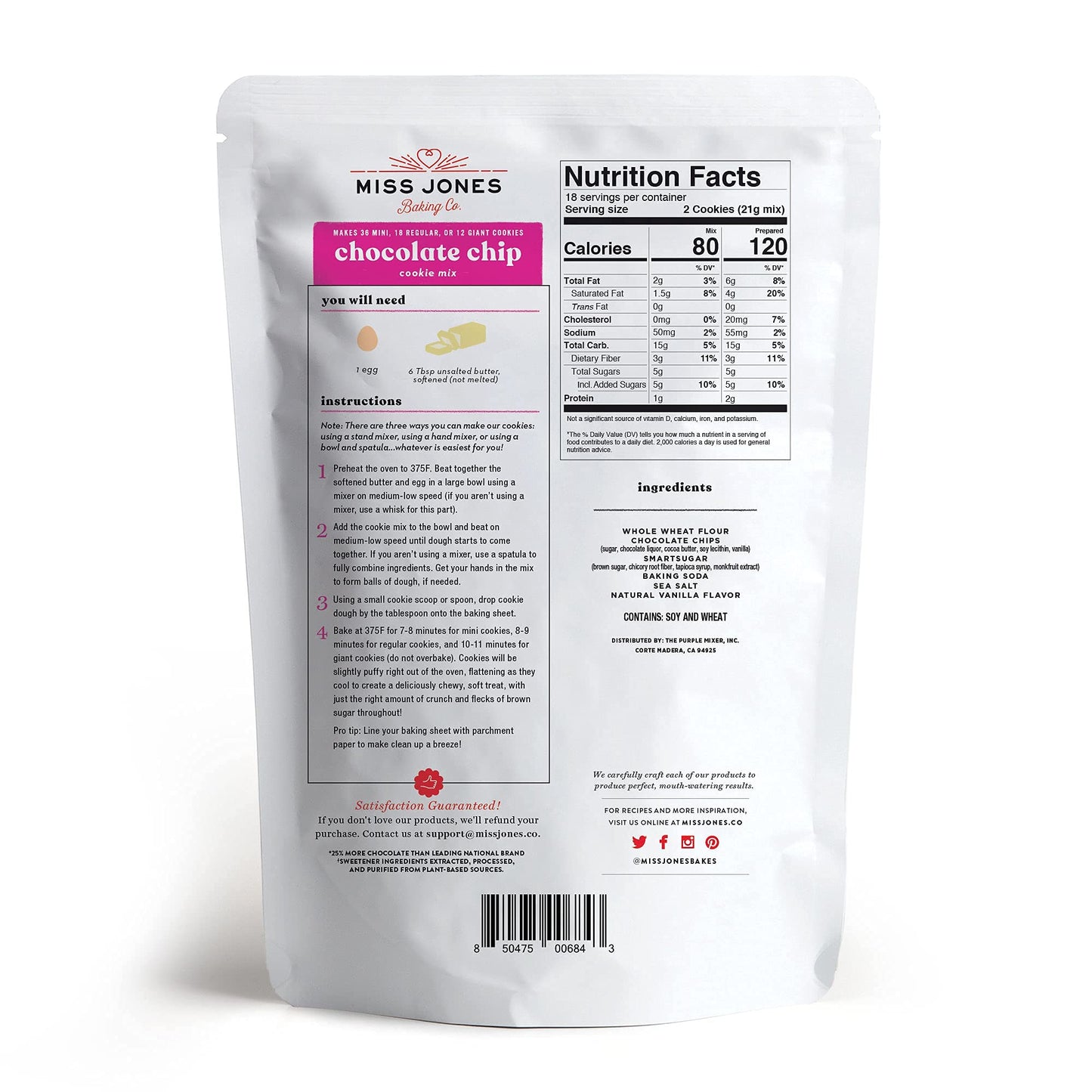 Miss Jones Baking Chocolate Chip Cookie Mix - Whole Grains, More Chocolate Chips, 50% Lower Sugar, Naturally Sweetened Desserts