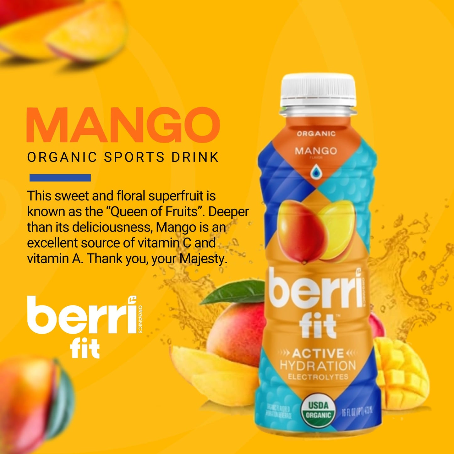 Berri Fit Hydration - Organic Mango Flavor Natural Sports Drink - Plant-Based Electrolyte Beverage - Low Calorie, Paleo Coconut