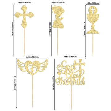 Gyufise 30Pcs Gold Glitter God Bless This Child Cupcake Toppers Cross And Angel Feet Girls Baptism Cupcake Picks Baby Shower Bir