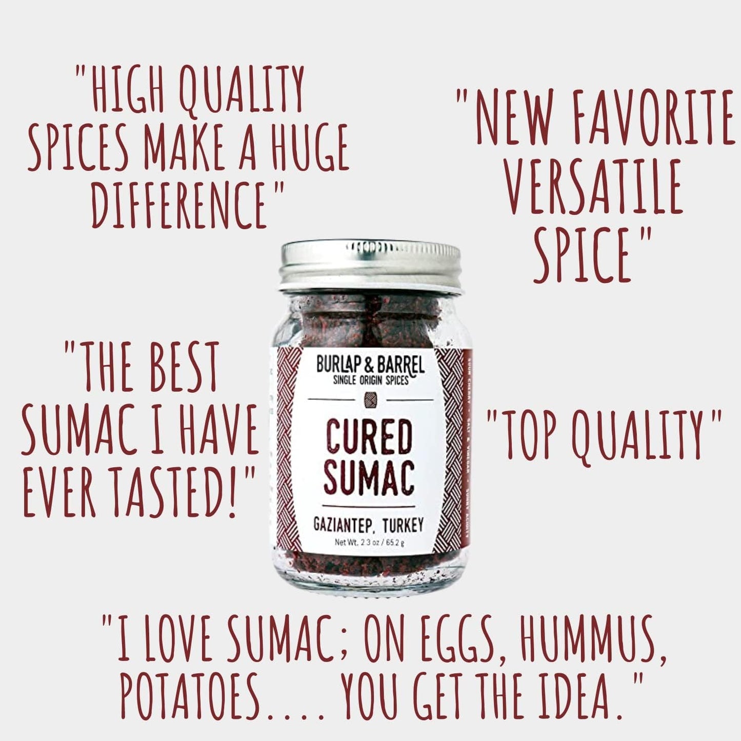 Burlap & Barrel Cured Sumac - Bright, Sour, Salty, Slightly Fermented Spice - Ground Sumac For Cooking - Savory Tartness - As Seen On Shark Tank - Kitchen Gift For Cooks - 2.3Oz Glass Jar