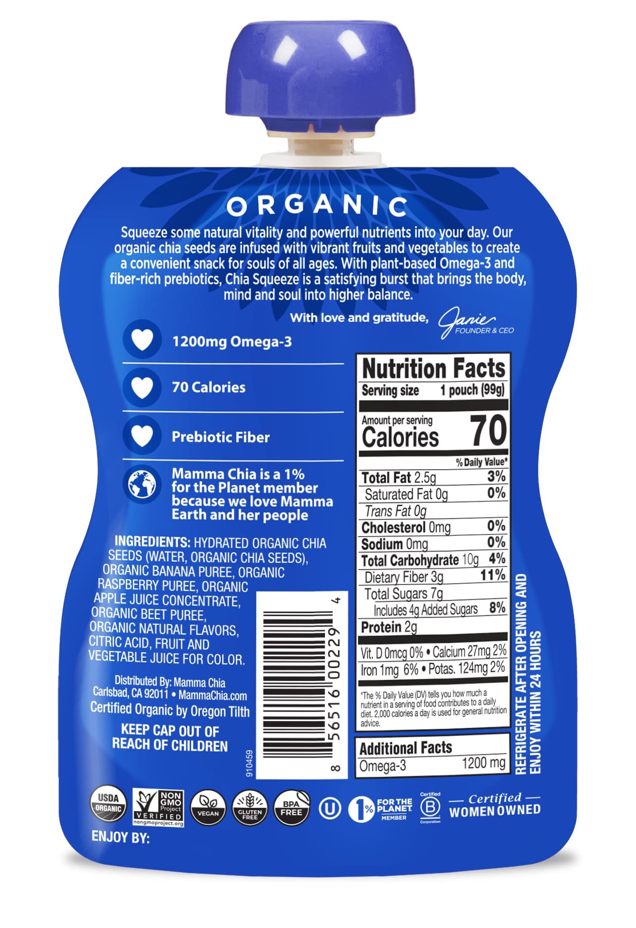 Mammachia Chia Squeeze Wild Raspberry Vitality Snack, Vegan Friendly, Kosher, USDA Certified Organic, Gluten Free & Non-GMO, 3.5