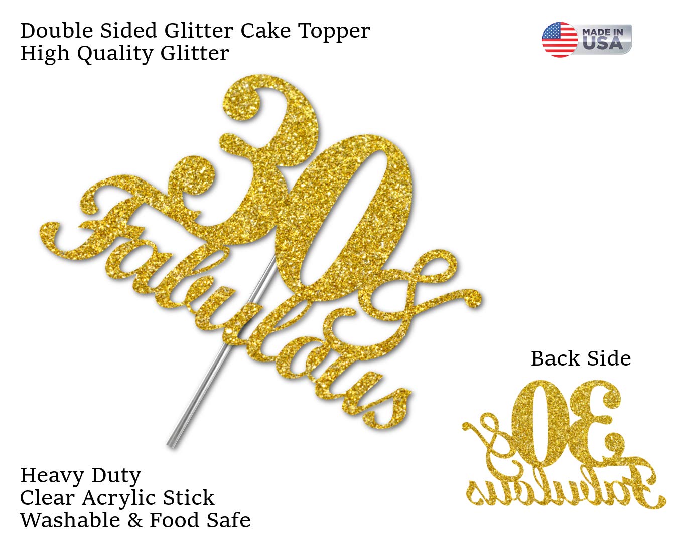 RokAPary 30 & Fabulous Cake Topper, Gold Glitter, Sturdy Double-Sided Acrylic, 30th Birthday Decoration, Model RCTF