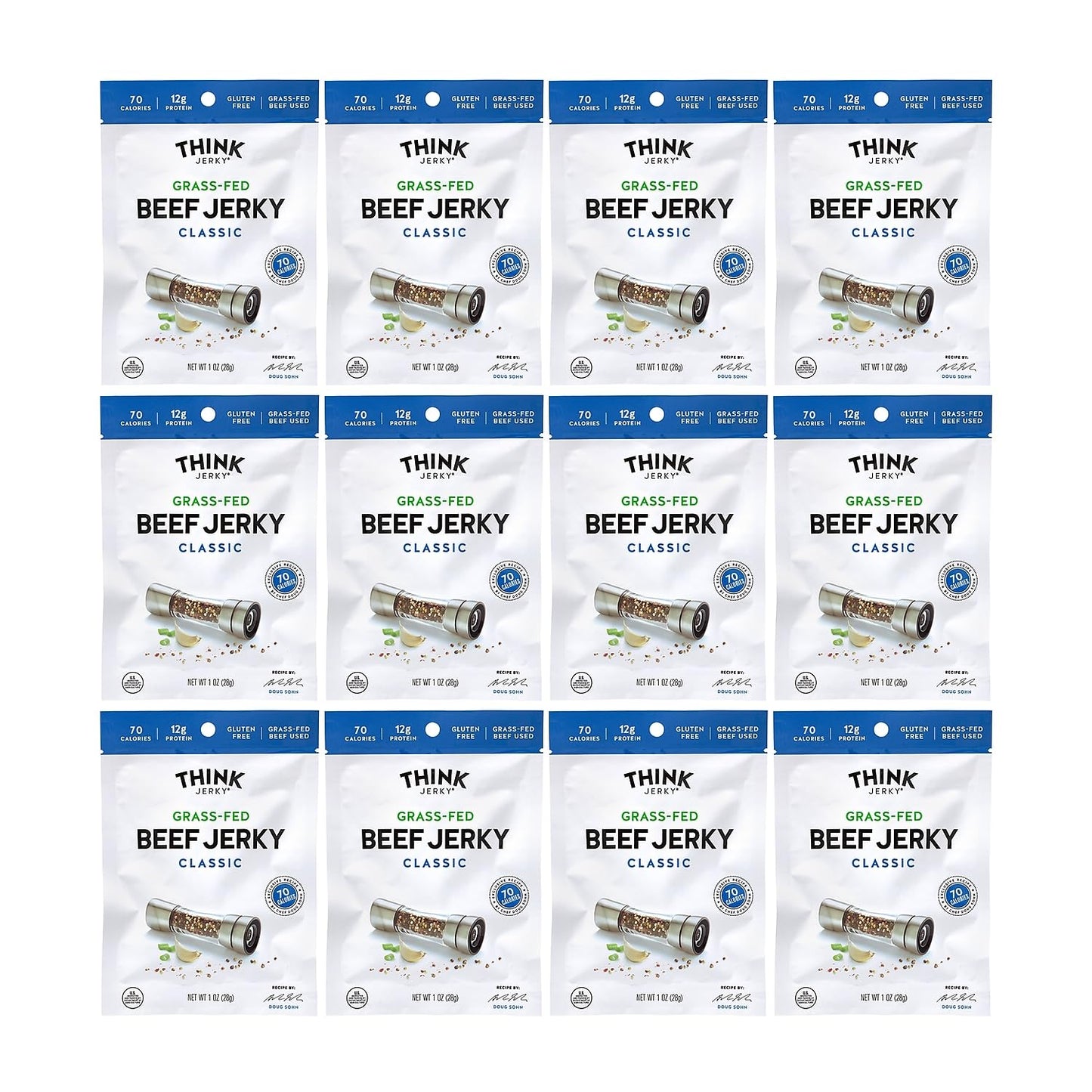 Think Jerky Classic Beef Jerky, Grass-Fed, Gluten Free, Low Calorie, High Protein - 1 oz Bags, 12 Pack
