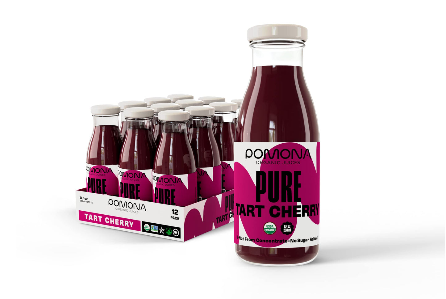 Pomona Organic Pure Tart Cherry Juice, Cold Pressed, Non-Gmo, No Sugar Added, Not From Concentrate, Gluten Free, Kosher Certified, Preservative Free,8.4 Fl Oz (Pack Of 12)