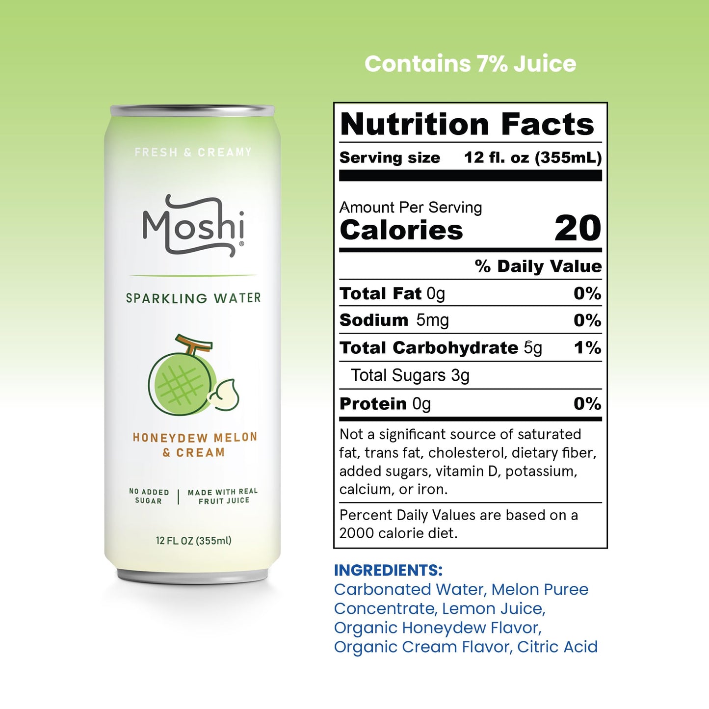 Moshi Sparkling Water - Asian Flavored Carbonated Drink with Real Fruit Juice - Low Calorie - 12 Fl Oz (Pack of 12) - Honeydew Melon & Cream