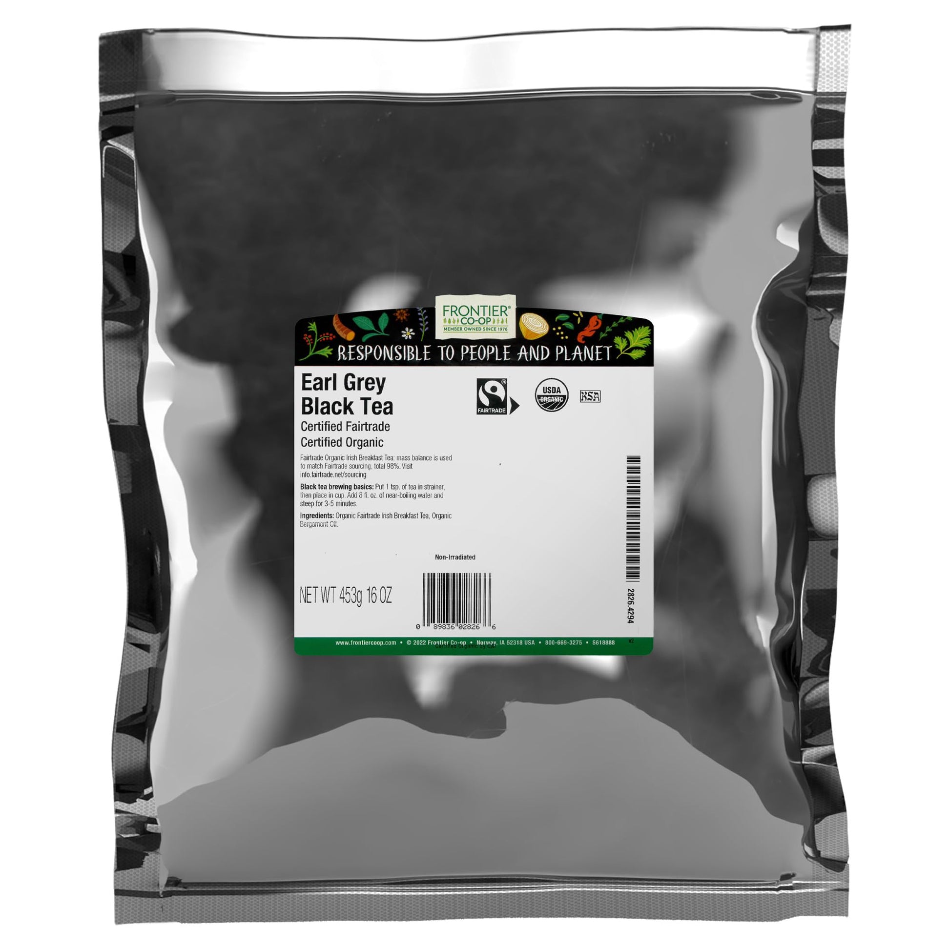 Frontier Co-op Organic Earl Grey Tea Loose Leaf, 1lb Bulk Bag - enhanced Dried Loose Leaf Tea - Aromatic Black Tea Loose Leaf with Bergamot Oil, Kosher
