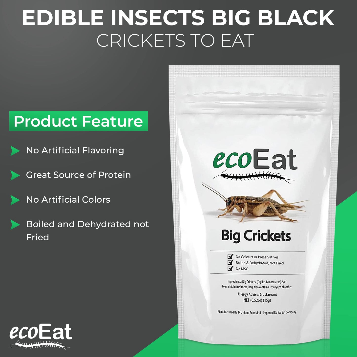 Ecoeat Edible Insects Big Black Crickets To Eat – Edible Bugs Edible Dehydrated Crickets - Snack Food Gifts (15G)