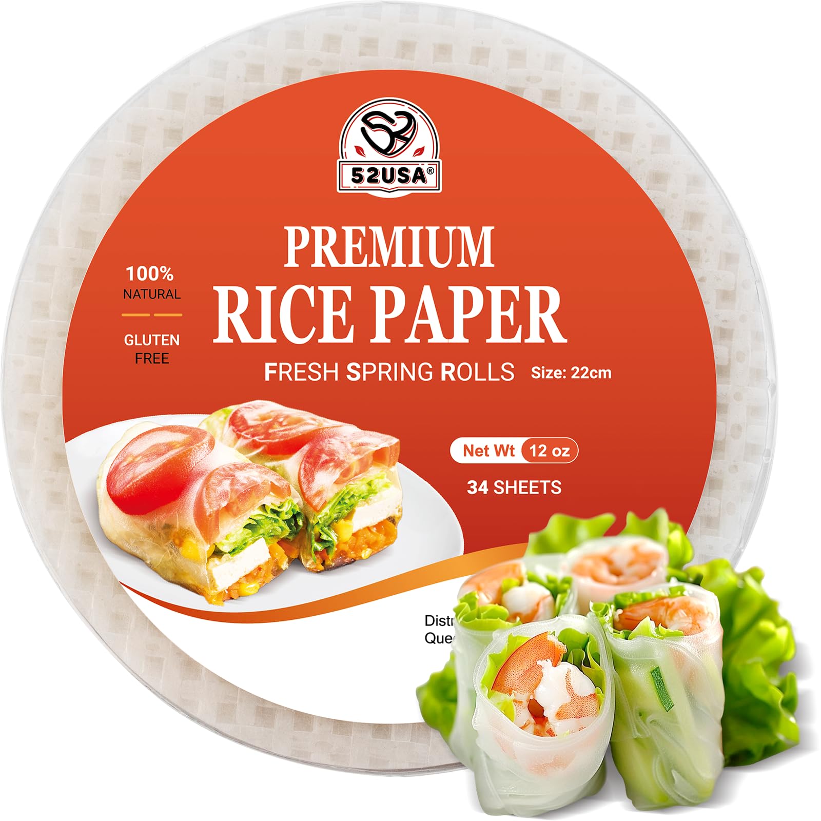 52USA Rice Paper, Gluten-Free Wonton Wrappers, Vegan, Low Carb, 34 Sheets, Round 22cm, Pack of 1