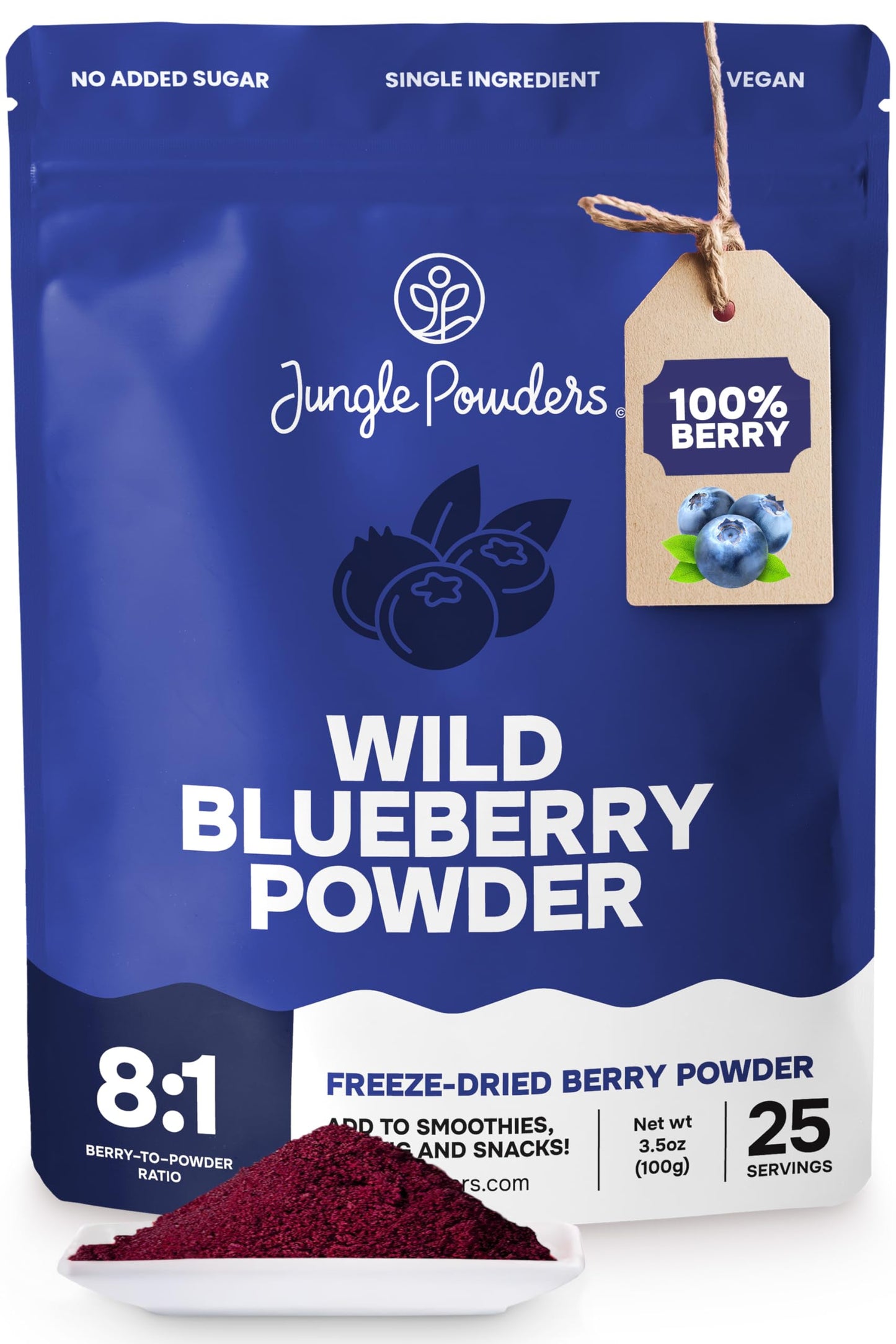 Jungle Powders Freeze Dried Wild Blueberry Powder, 3.5 Ounce, Dark Blue, Additive-Free, No Sugar Added