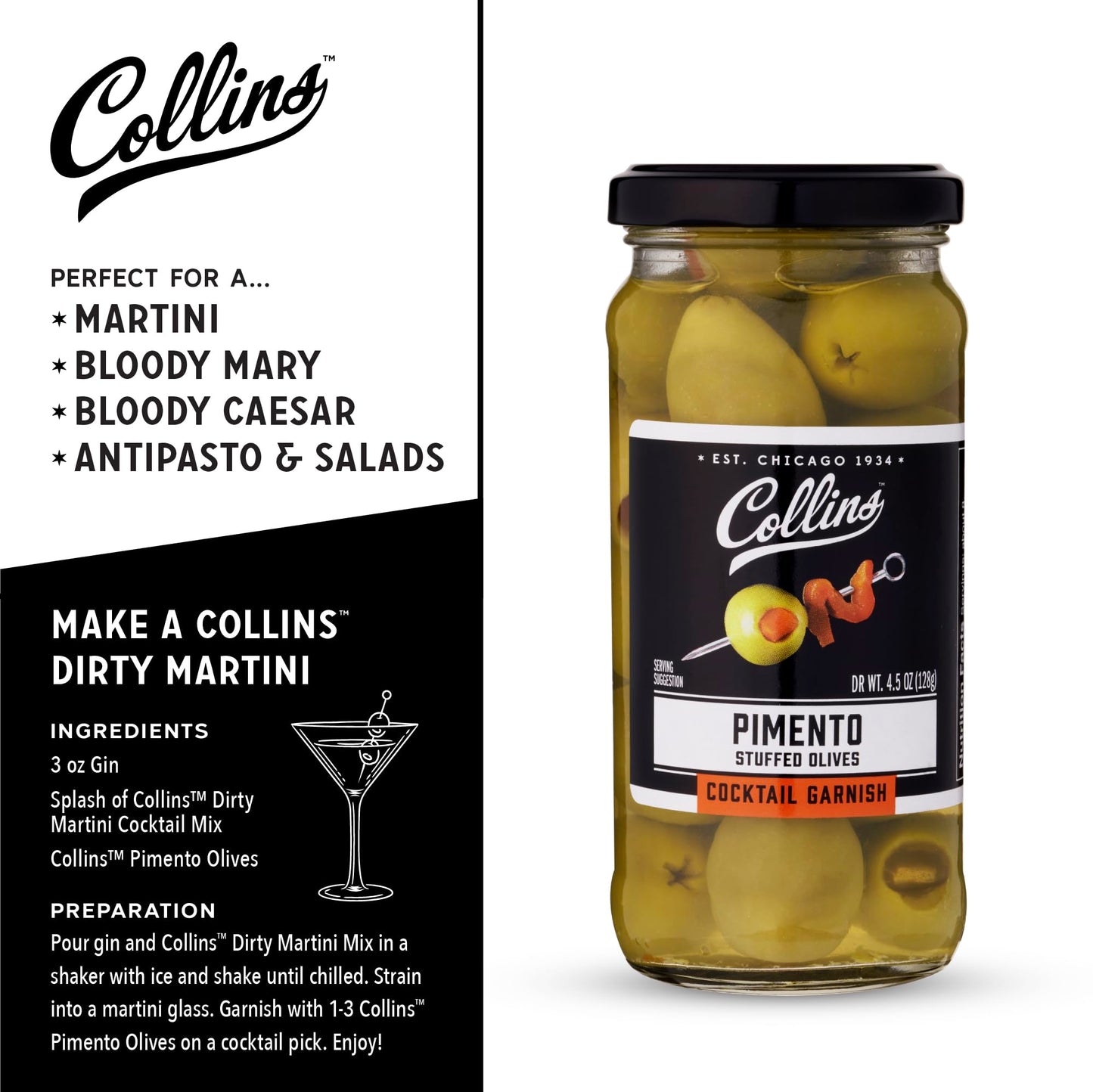 Collins Gourmet Pimento Olives | Premium Garnish | 5oz | 4.5 Ounce