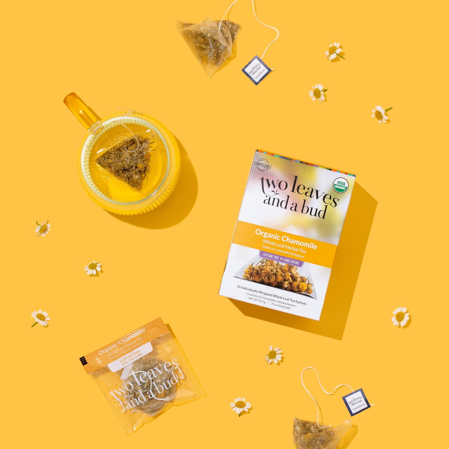Two Leaves and a Bud Organic Chamomile Tea Bags, Naturally Caffeine Free, 15 Count (Pack of 6)