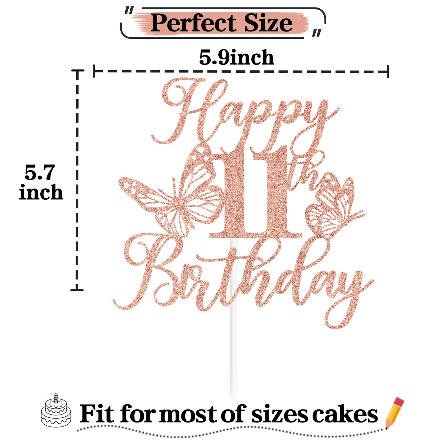 Rose Gold Glitter Happy 11Th Birthday Cake Topper, Butterfly Happy 11Th Birthday/Cheers To 11 Years, Butterfly Themed 11Th Birth