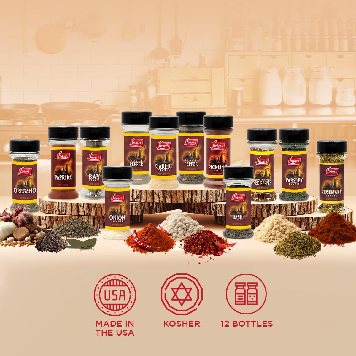 Liebers Spice Set, 12 Piece Seasoning & Herb Gift Set, Onion & Garlic Powder, 1.81 Ounce Pack, Made in USA